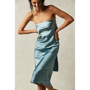 New FREE PEOPLE Third Form Satin Tie Back Strapless Dress $280 SIZE 10 Blue